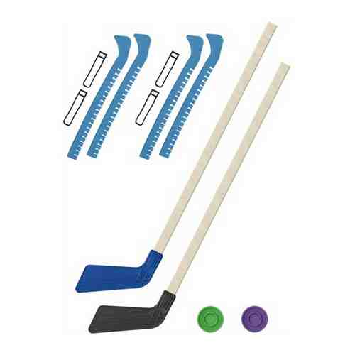 Детский хоккейный набор для игр на улице, свежем воздухе для зимы для лета 2 Клюшки хоккейных синяя и чёрная 80 см.+2 шайбы + Чехлы для коньков желтые - 2 шт. арт. 101273796173