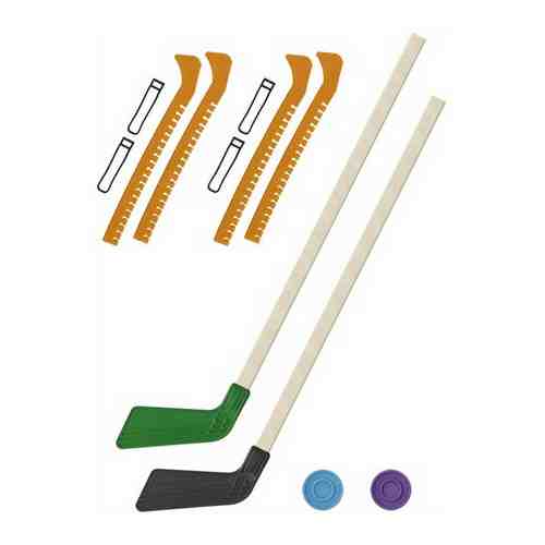 Детский хоккейный набор для игр на улице, свежем воздухе для зимы для лета 2 Клюшки хоккейных зелёная и чёрная 80 см.+2 шайбы + Чехлы для коньков оранжевые - 2 шт. арт. 101274418095