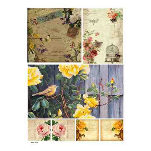 Рисовая бумага для декупажа А4 ультратонкая салфетка 0539 цветы птицы винтаж крафт Milotto арт. 101548245181