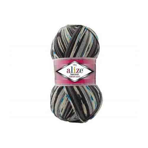 Пряжа Alize Superwash Comfort Socks (Ализе Супервош) - 2 мотка, Черный,серый,синий (7650), 75% шерсть супервош, 25% полиамид, 420м/100г арт. 101767880407